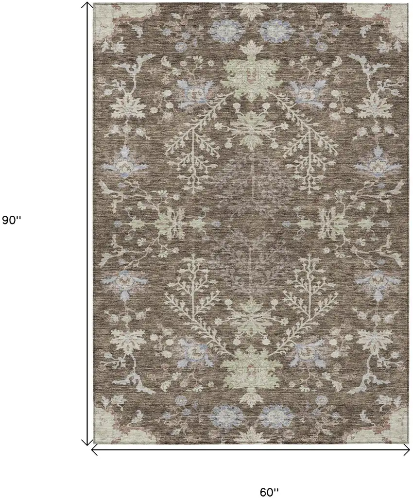 Brown Beige And Green Floral Washable Indoor Outdoor Area Rug Photo 7