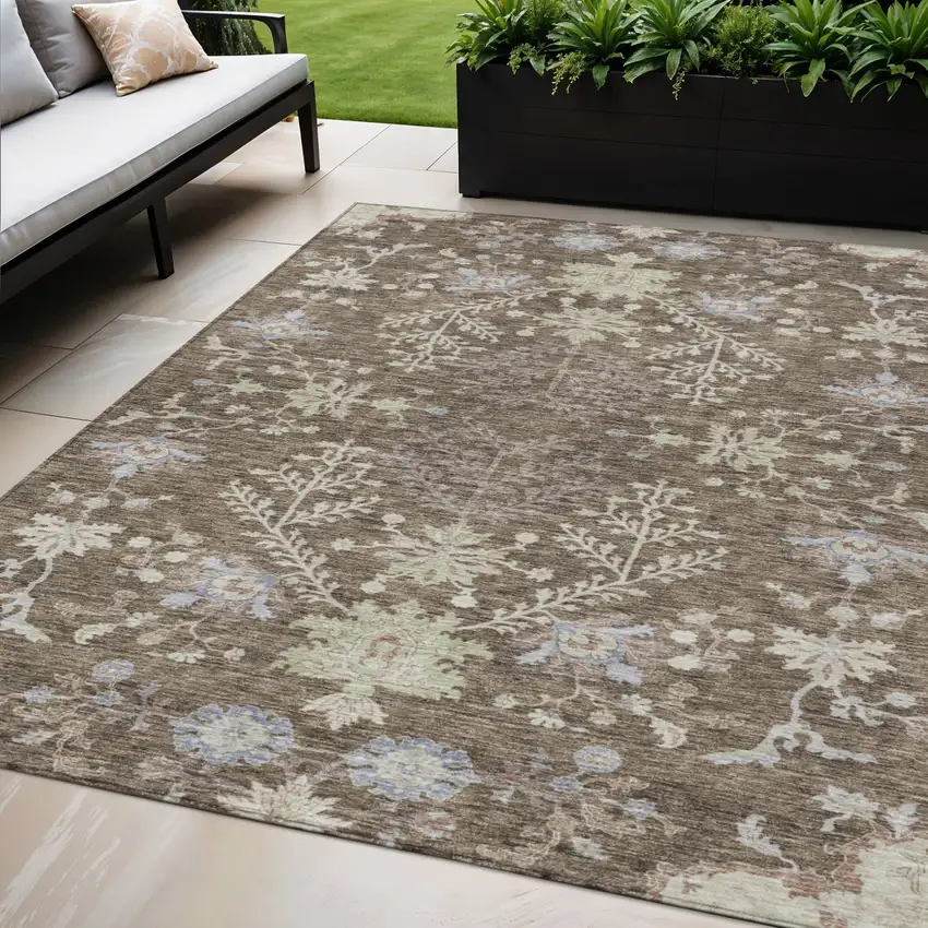 Brown Beige And Green Floral Washable Indoor Outdoor Area Rug Photo 1