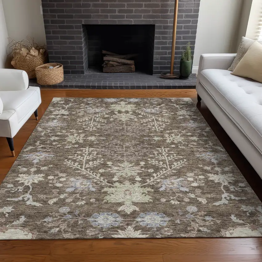 Brown Beige And Green Floral Washable Indoor Outdoor Area Rug Photo 9