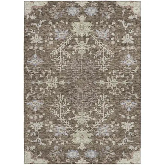 Brown Beige And Green Floral Washable Indoor Outdoor Area Rug Photo 6