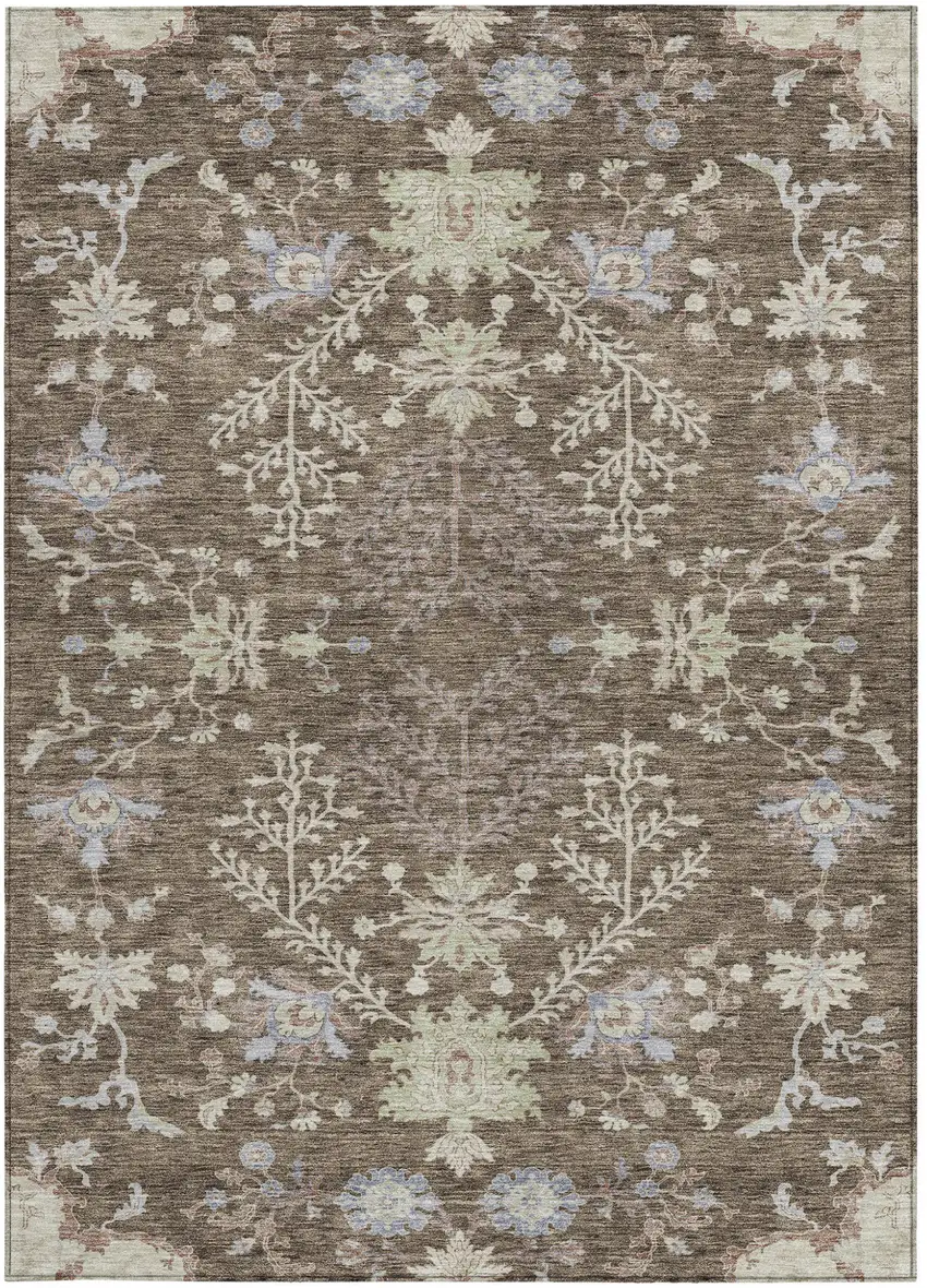 Brown Beige And Green Floral Washable Indoor Outdoor Area Rug Photo 6