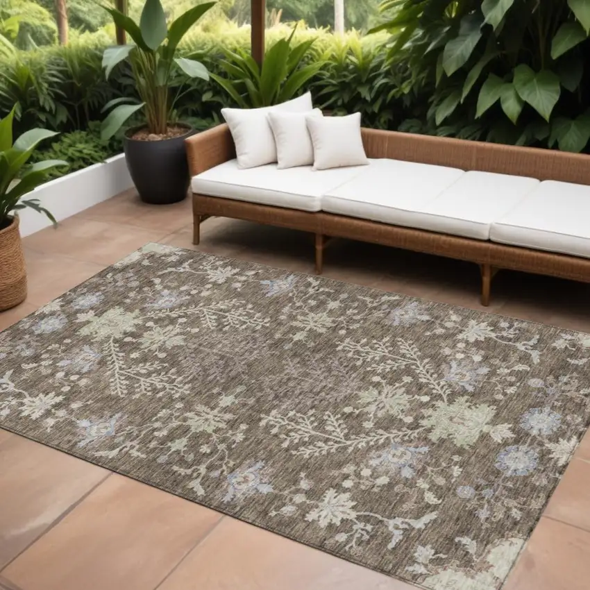 Brown Beige And Green Floral Washable Indoor Outdoor Area Rug Photo 1