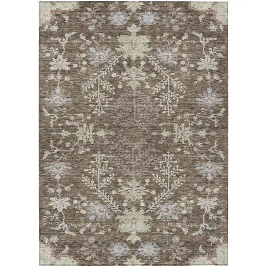 Brown Beige And Green Floral Washable Indoor Outdoor Area Rug Photo 2