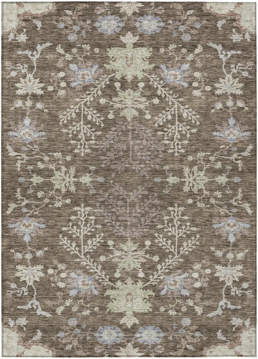 Brown Beige And Green Floral Washable Indoor Outdoor Area Rug Photo 2