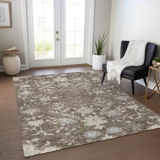Brown Beige And Green Floral Washable Indoor Outdoor Area Rug Photo 8