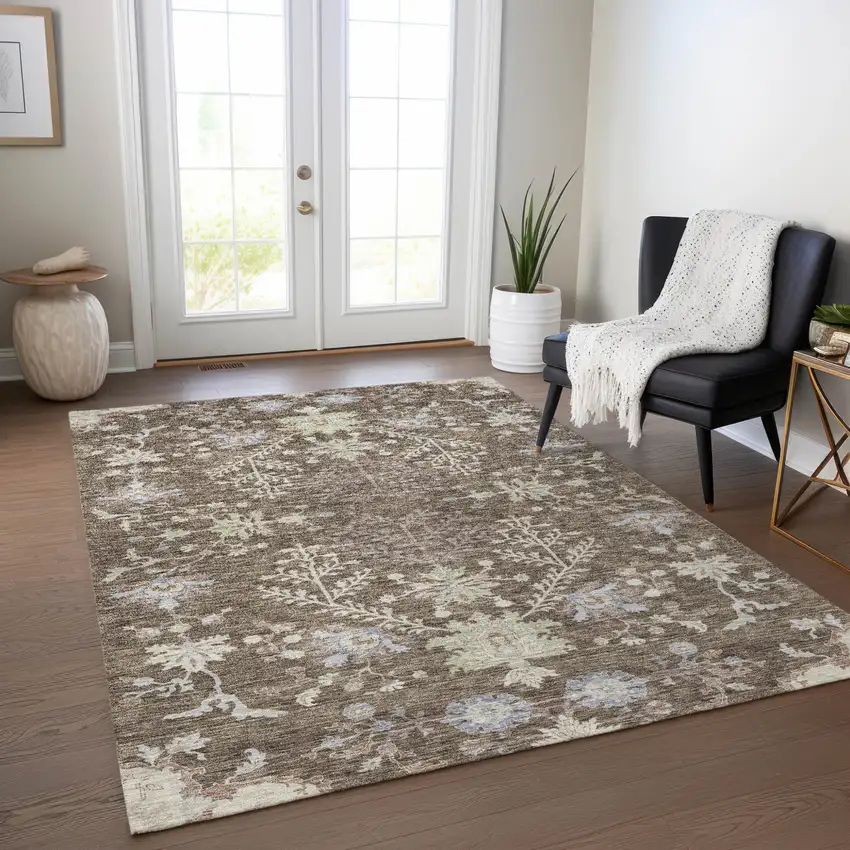 Brown Beige And Green Floral Washable Indoor Outdoor Area Rug Photo 8