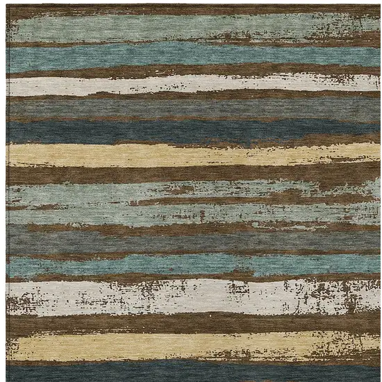 Brown Beige And Green Striped Washable Indoor Outdoor Area Rug Photo 6