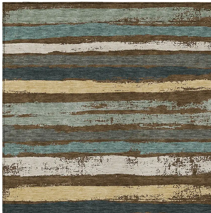 Brown Beige And Green Striped Washable Indoor Outdoor Area Rug Photo 6