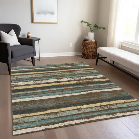 Brown Beige And Green Striped Washable Indoor Outdoor Area Rug Photo 9