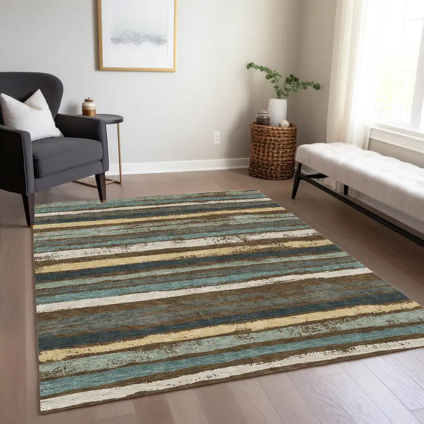 Brown Beige And Green Striped Washable Indoor Outdoor Area Rug Photo 9