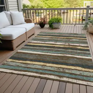 Photo of Brown Beige And Green Striped Washable Indoor Outdoor Area Rug