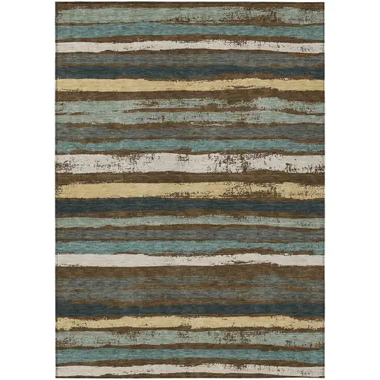 Brown Beige And Green Striped Washable Indoor Outdoor Area Rug Photo 2