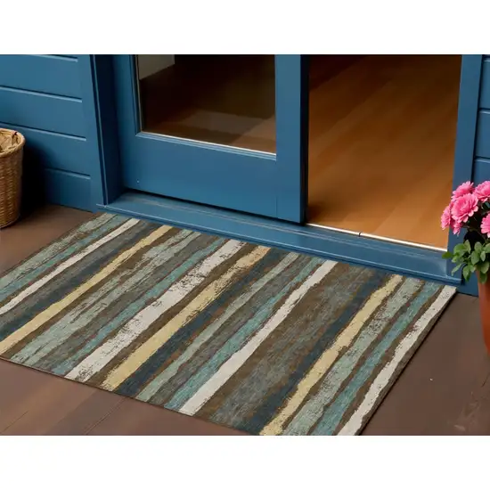 Brown Beige And Green Striped Washable Indoor Outdoor Area Rug Photo 1