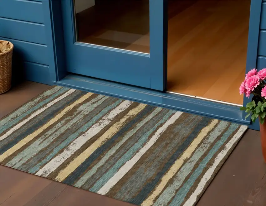 Brown Beige And Green Striped Washable Indoor Outdoor Area Rug Photo 1