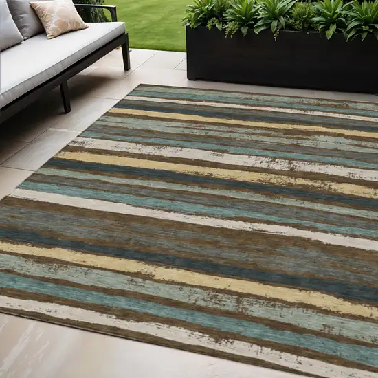 Brown Beige And Green Striped Washable Indoor Outdoor Area Rug Photo 1