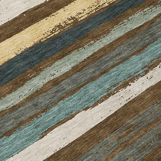 Brown Beige And Green Striped Washable Indoor Outdoor Area Rug Photo 5