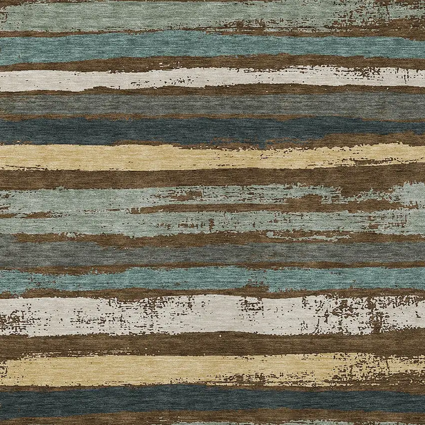 Brown Beige And Green Striped Washable Indoor Outdoor Area Rug Photo 6