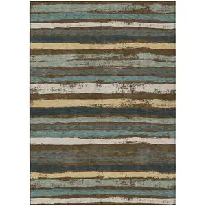 Photo of Brown Beige And Green Striped Washable Indoor Outdoor Area Rug