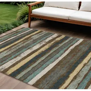 Photo of Brown Beige And Green Striped Washable Indoor Outdoor Area Rug