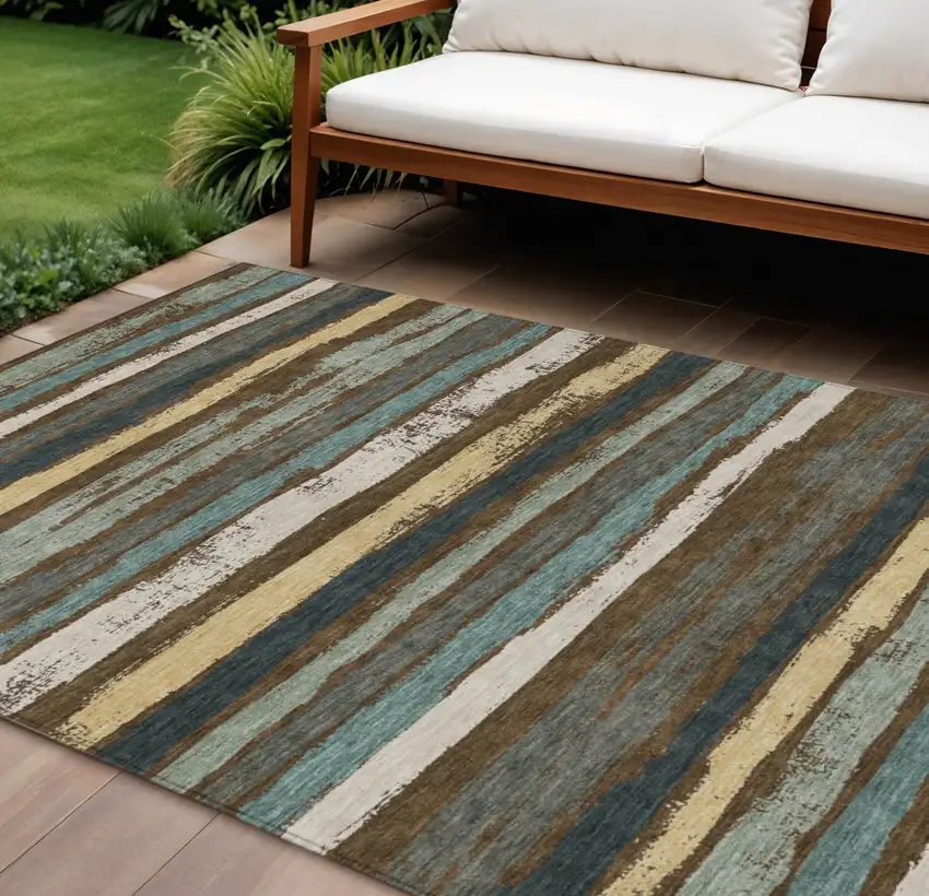 Brown Beige And Green Striped Washable Indoor Outdoor Area Rug Photo 1