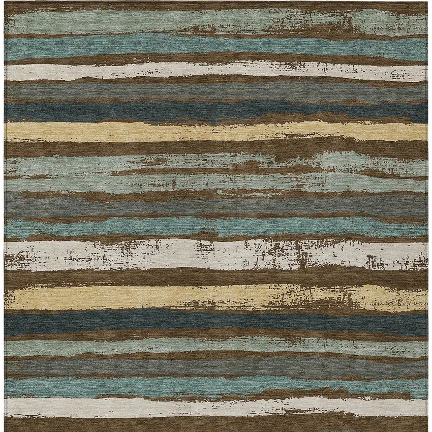 Brown Beige And Green Striped Washable Indoor Outdoor Area Rug Photo 7