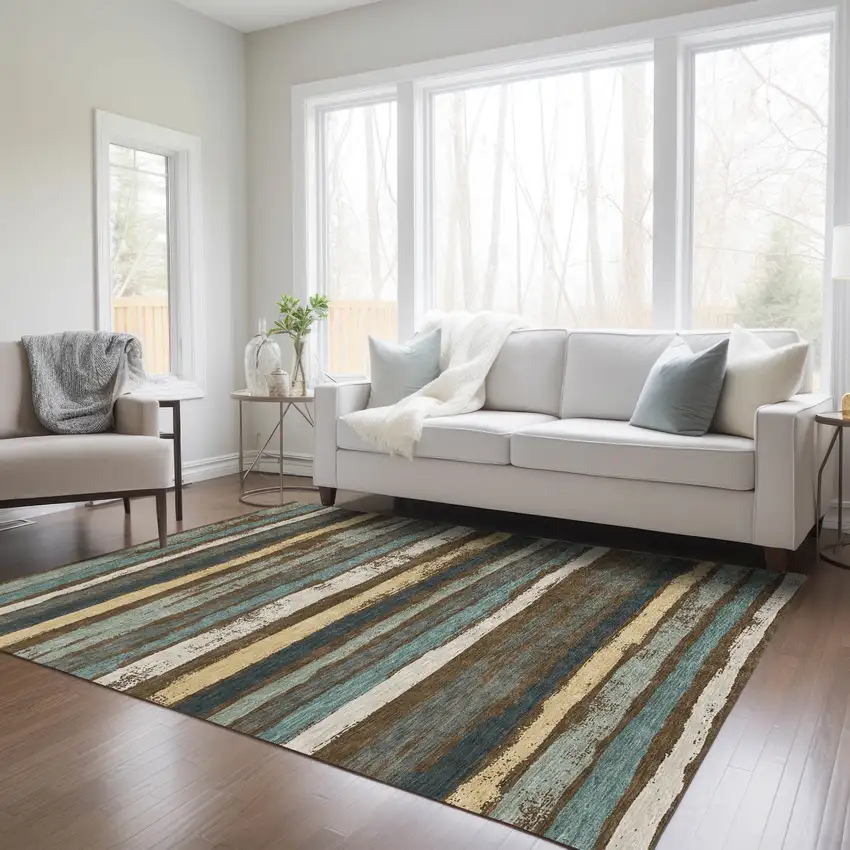 Brown Beige And Green Striped Washable Indoor Outdoor Area Rug Photo 9