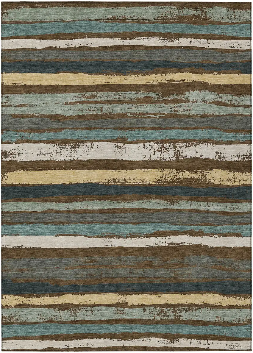 Brown Beige And Green Striped Washable Indoor Outdoor Area Rug Photo 2