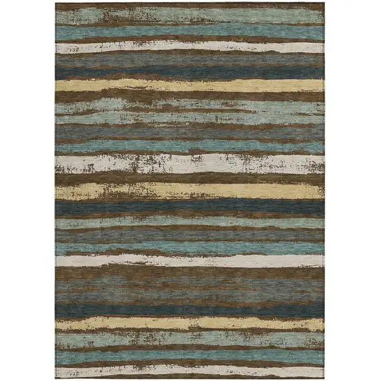 Brown Beige And Green Striped Washable Indoor Outdoor Area Rug Photo 7