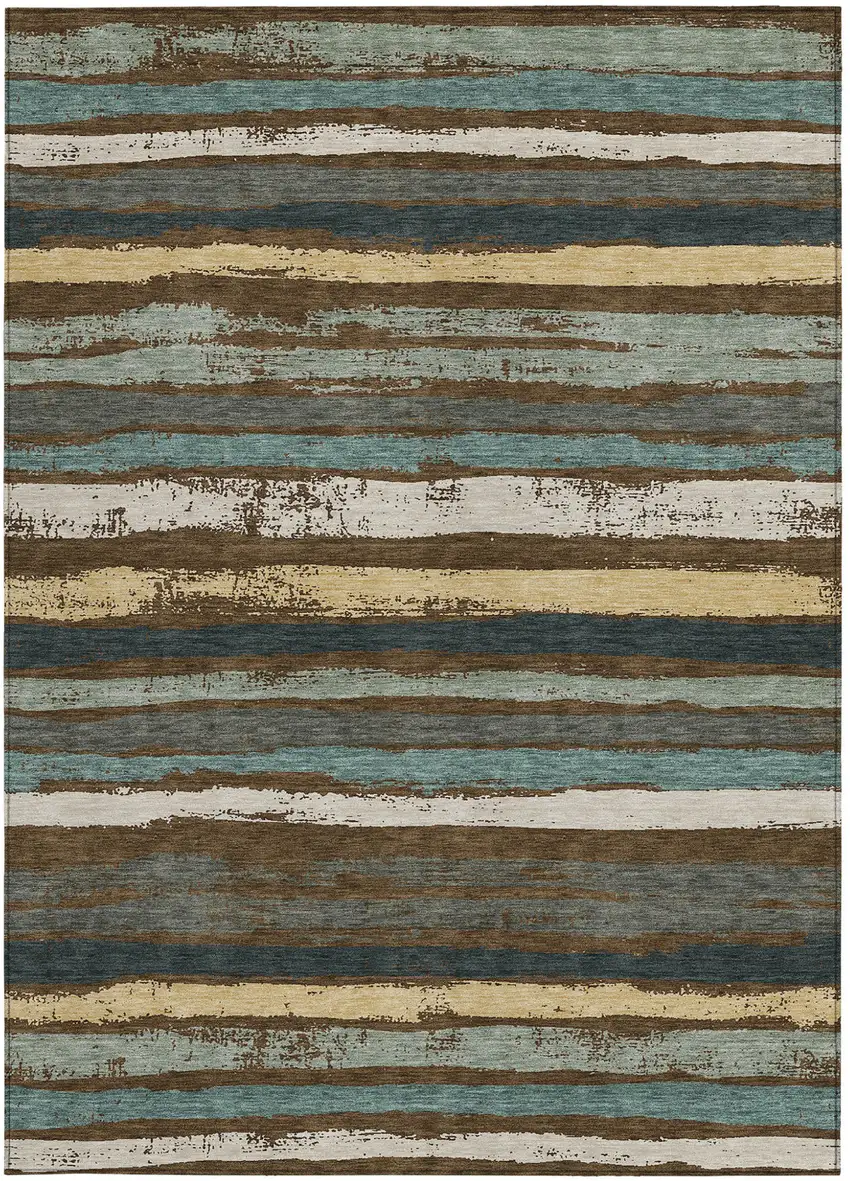 Brown Beige And Green Striped Washable Indoor Outdoor Area Rug Photo 7