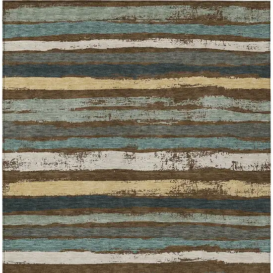 Brown Beige And Green Striped Washable Indoor Outdoor Area Rug Photo 6