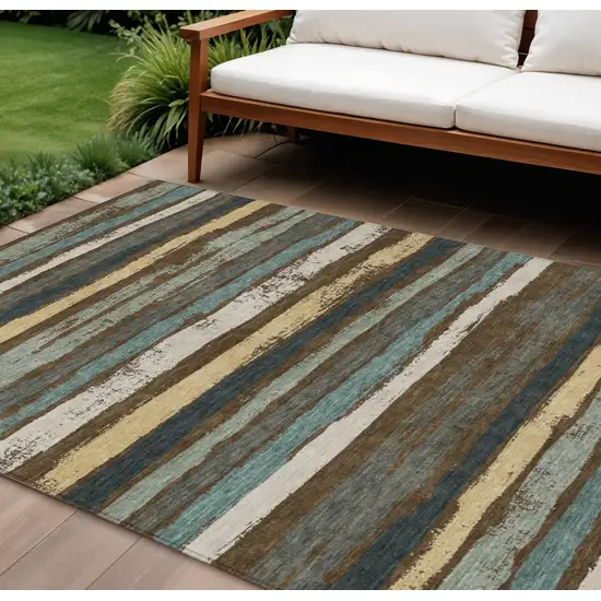 Brown Beige And Green Striped Washable Indoor Outdoor Area Rug Photo 1