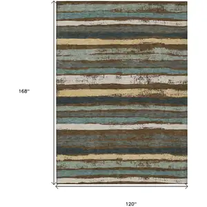 Photo of Brown Beige And Green Striped Washable Indoor Outdoor Area Rug