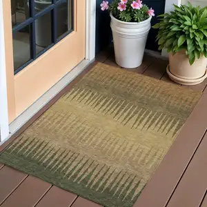 Photo of Brown Beige And Green Striped Washable Indoor Outdoor Area Rug