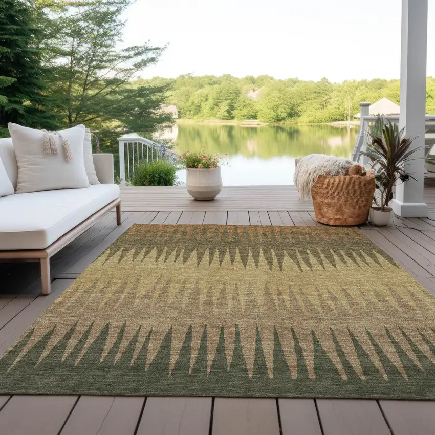 Brown Beige And Green Striped Washable Indoor Outdoor Area Rug Photo 8