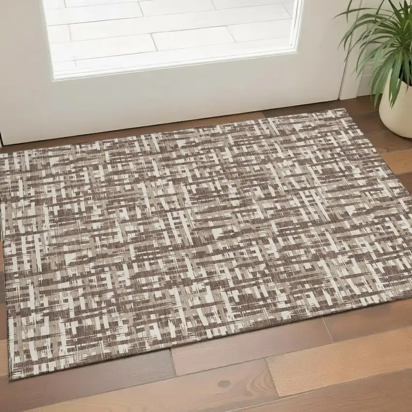 Brown Beige And Ivory Abstract Geometric Washable Area Rug With UV Protection Photo 1