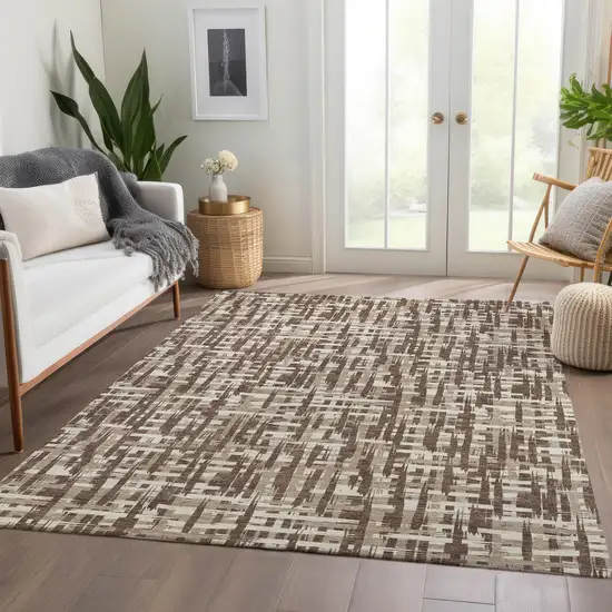 Brown Beige And Ivory Abstract Geometric Washable Area Rug With UV Protection Photo 5