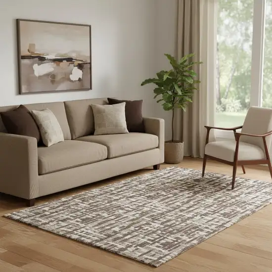 Brown Beige And Ivory Abstract Geometric Washable Area Rug With UV Protection Photo 2