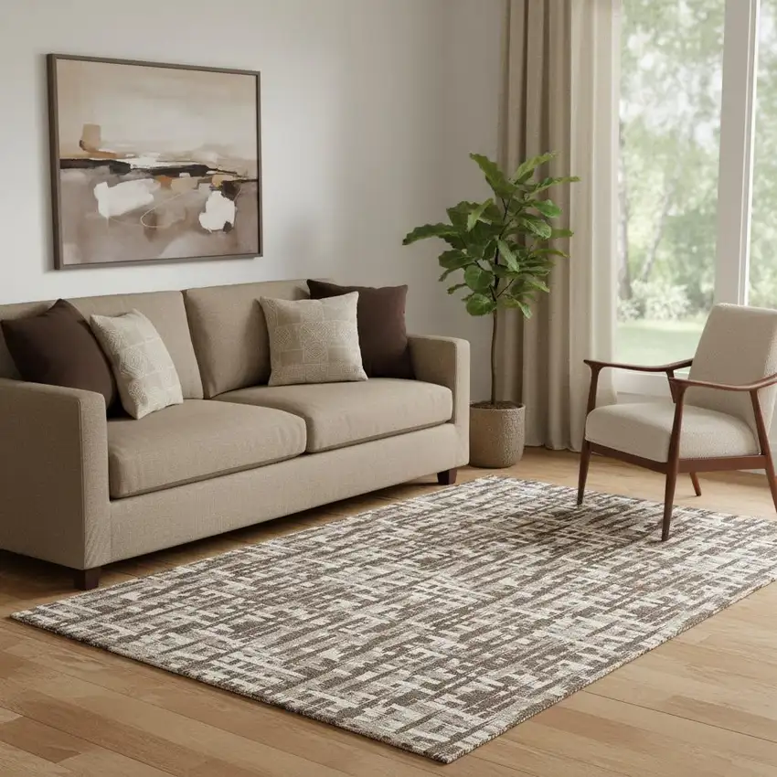 Brown Beige And Ivory Abstract Geometric Washable Area Rug With UV Protection Photo 2