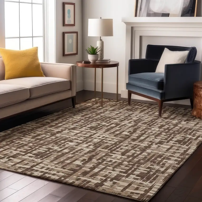 Brown Beige And Ivory Abstract Geometric Washable Area Rug With UV Protection Photo 4