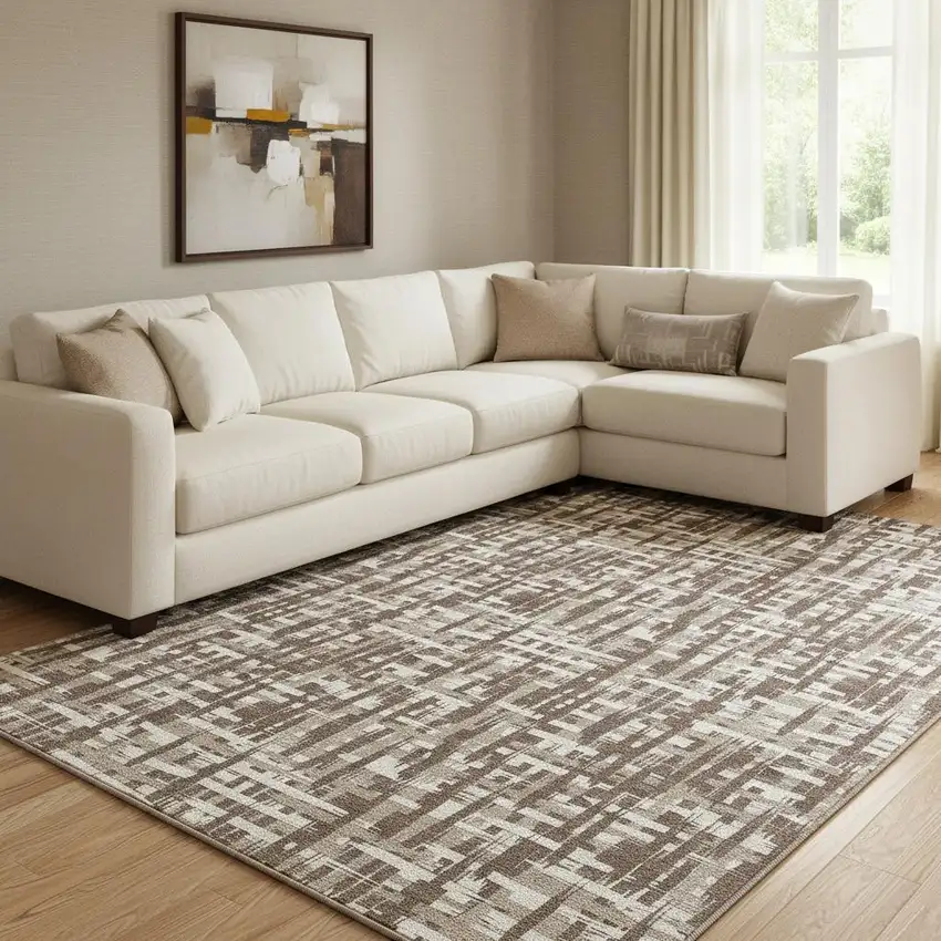 Brown Beige And Ivory Abstract Geometric Washable Area Rug With UV Protection Photo 2