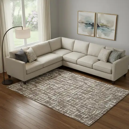 Brown Beige And Ivory Abstract Geometric Washable Area Rug With UV Protection Photo 2