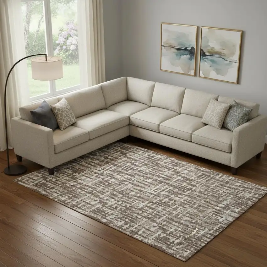 Brown Beige And Ivory Abstract Geometric Washable Area Rug With UV Protection Photo 2