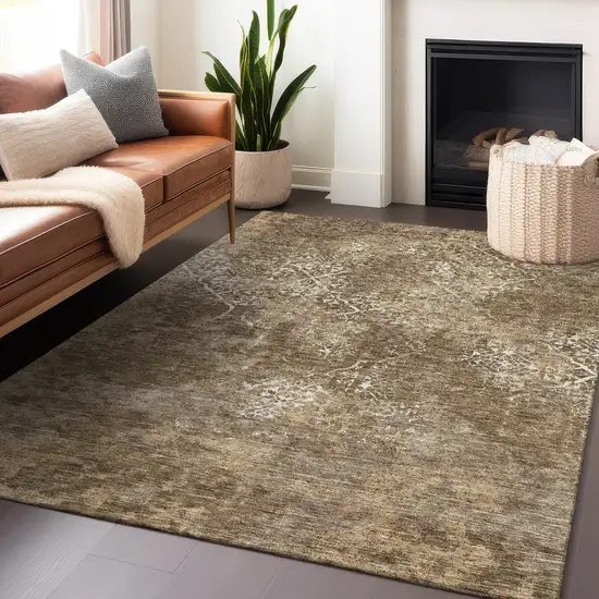 Brown Beige And Ivory Abstract Washable Area Rug With UV Protection Photo 4