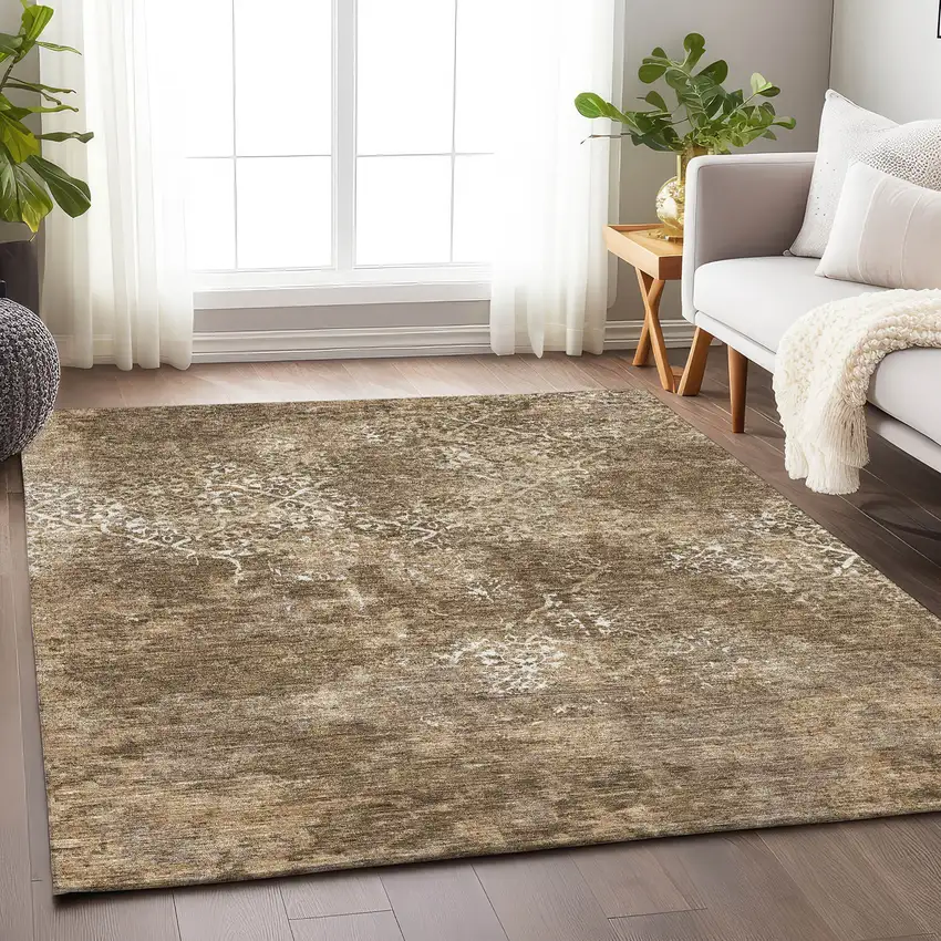 Brown Beige And Ivory Abstract Washable Area Rug With UV Protection Photo 3