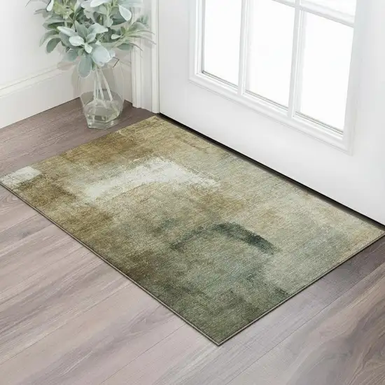 Brown Beige And Ivory Abstract Washable Area Rug With UV Protection Photo 1
