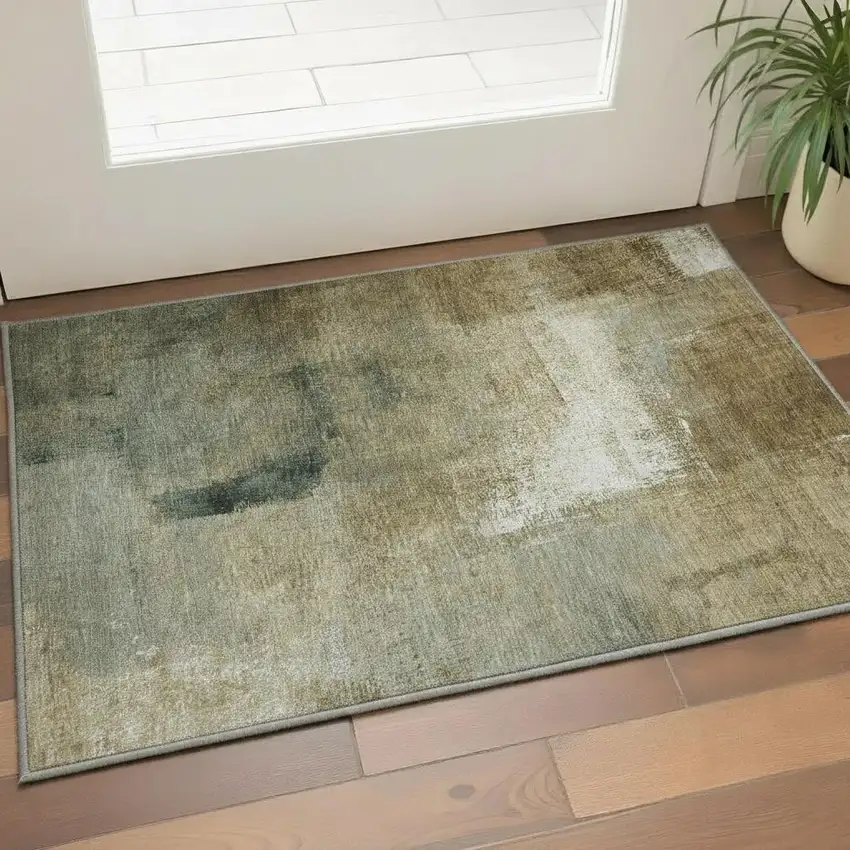 Brown Beige And Ivory Abstract Washable Area Rug With UV Protection Photo 2