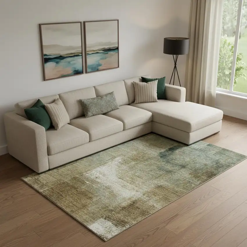 Brown Beige And Ivory Abstract Washable Area Rug With UV Protection Photo 1