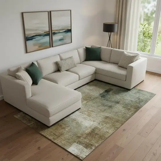 Brown Beige And Ivory Abstract Washable Area Rug With UV Protection Photo 1