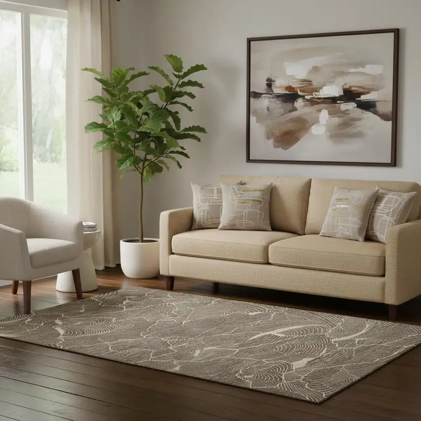 Brown Beige And Ivory Abstract Washable Area Rug With UV Protection Photo 1