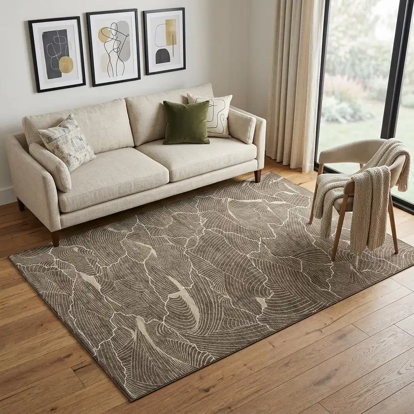 Brown Beige And Ivory Abstract Washable Area Rug With UV Protection Photo 1